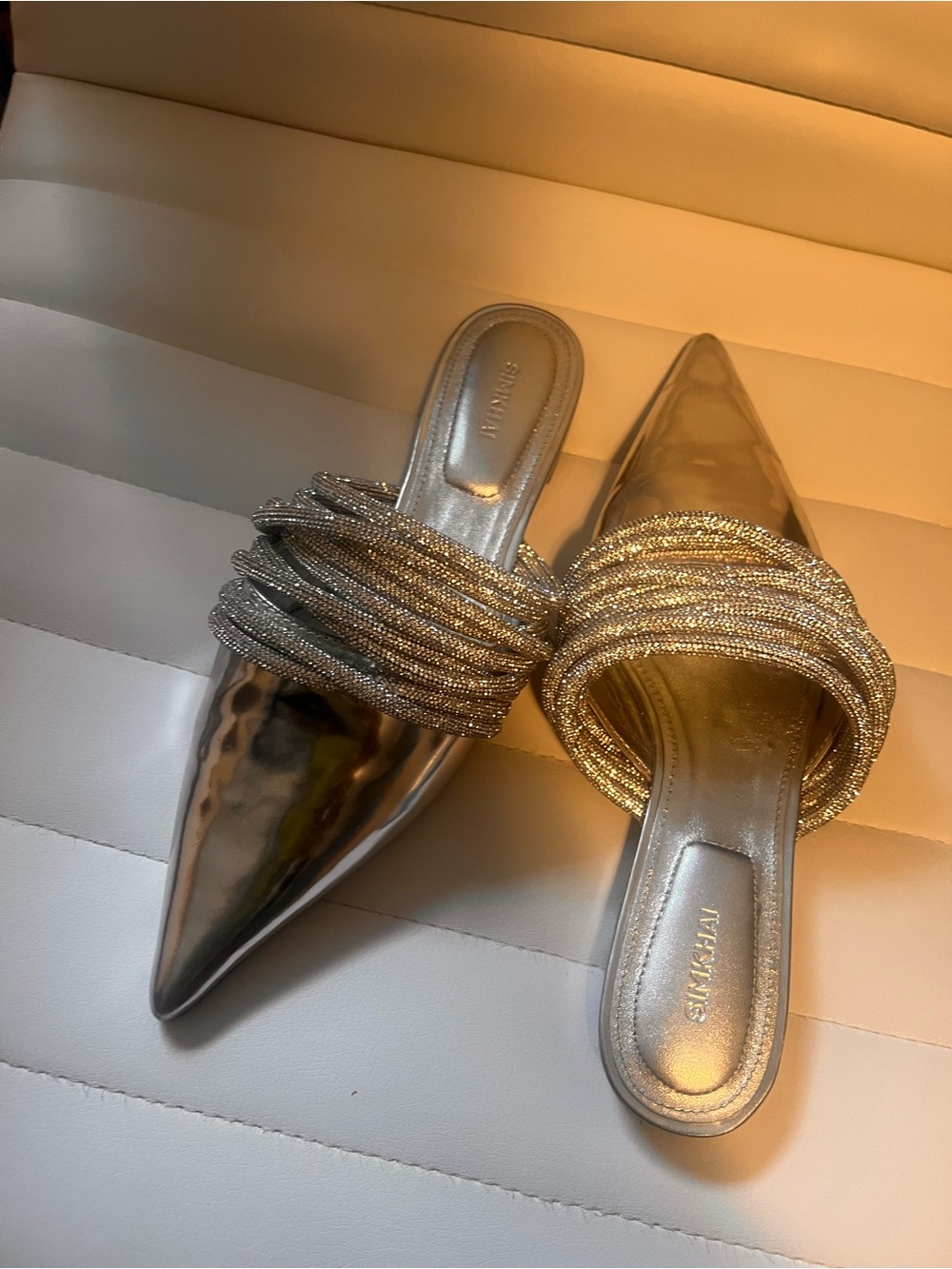 Shiny Silver Pointed-Toe Leather Mules with Crystal Trim - Picture 3 of 6